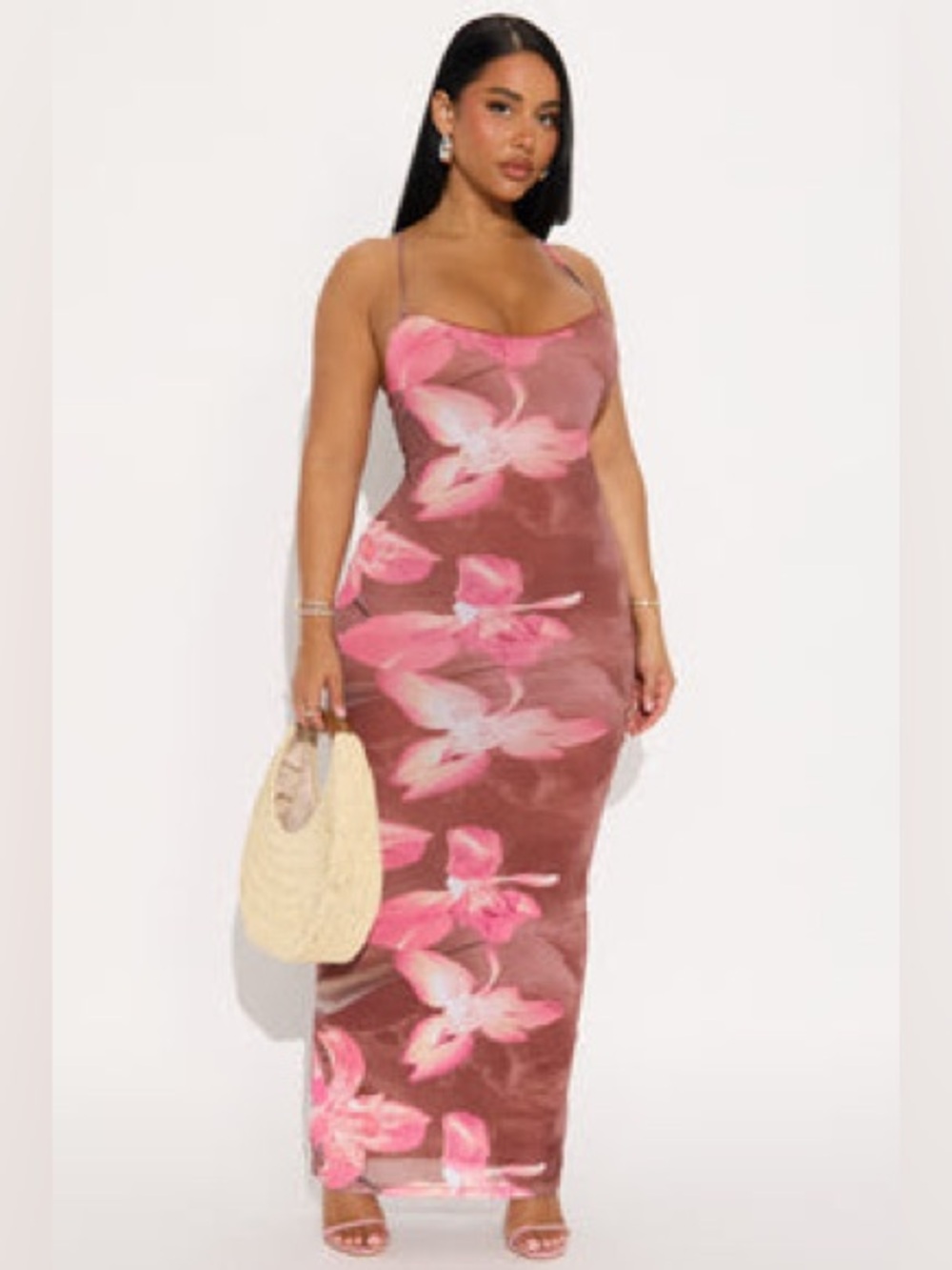 Fashion Nova : Tropical Heat Mesh Maxi Dress - Brown/combo